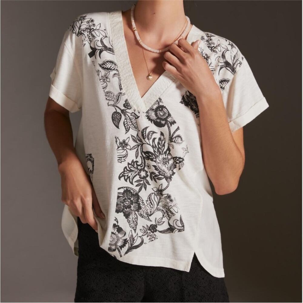 Anthropologie Daily Practice Black Floral Print Oversized V-Neck T-Shirt XXS